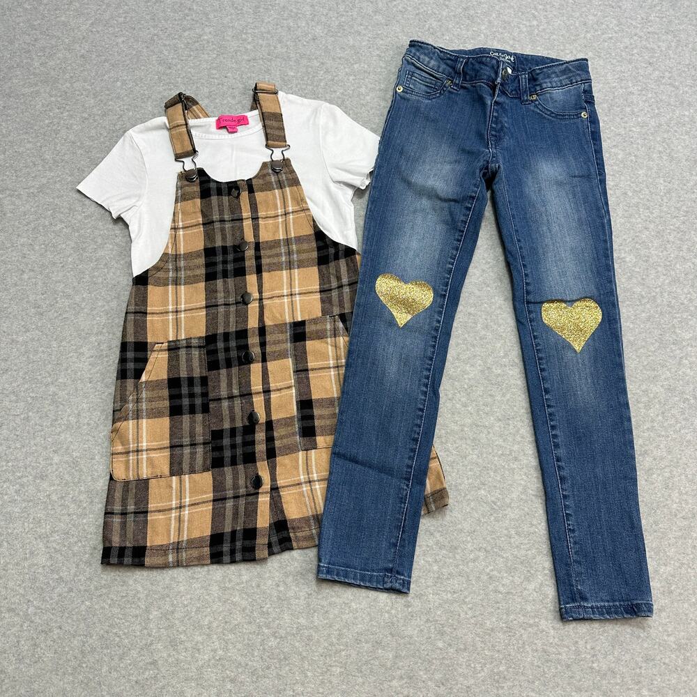 Cat & Jack Girls Outfit Sz 7/8 Brown Plaid Overall Dress White Shirt Blue Jeans